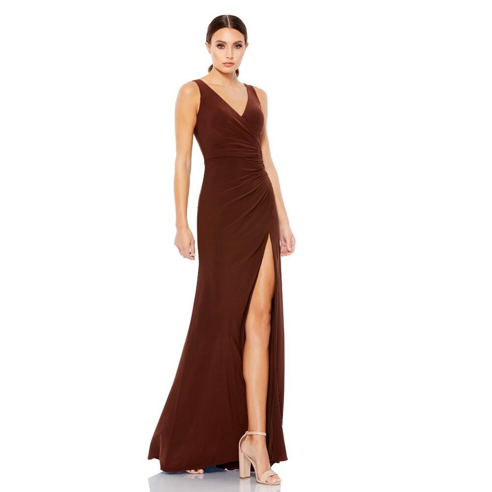 NWT Ieena for Mac Duggal Sleeveless Evening Slit Maxi Dress 8 Chocolate #8067